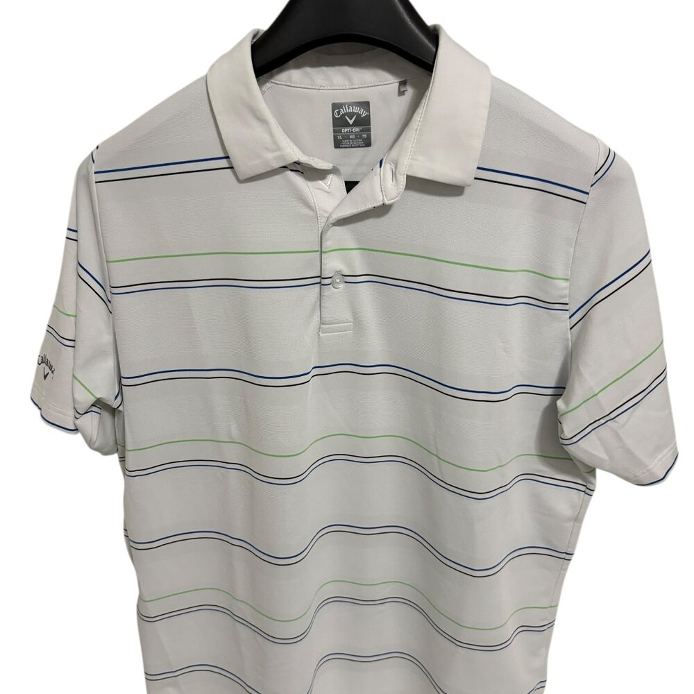 Callaway Opti Dri Polo Shirt Mens XL White Striped Golf Performance Swing Tech